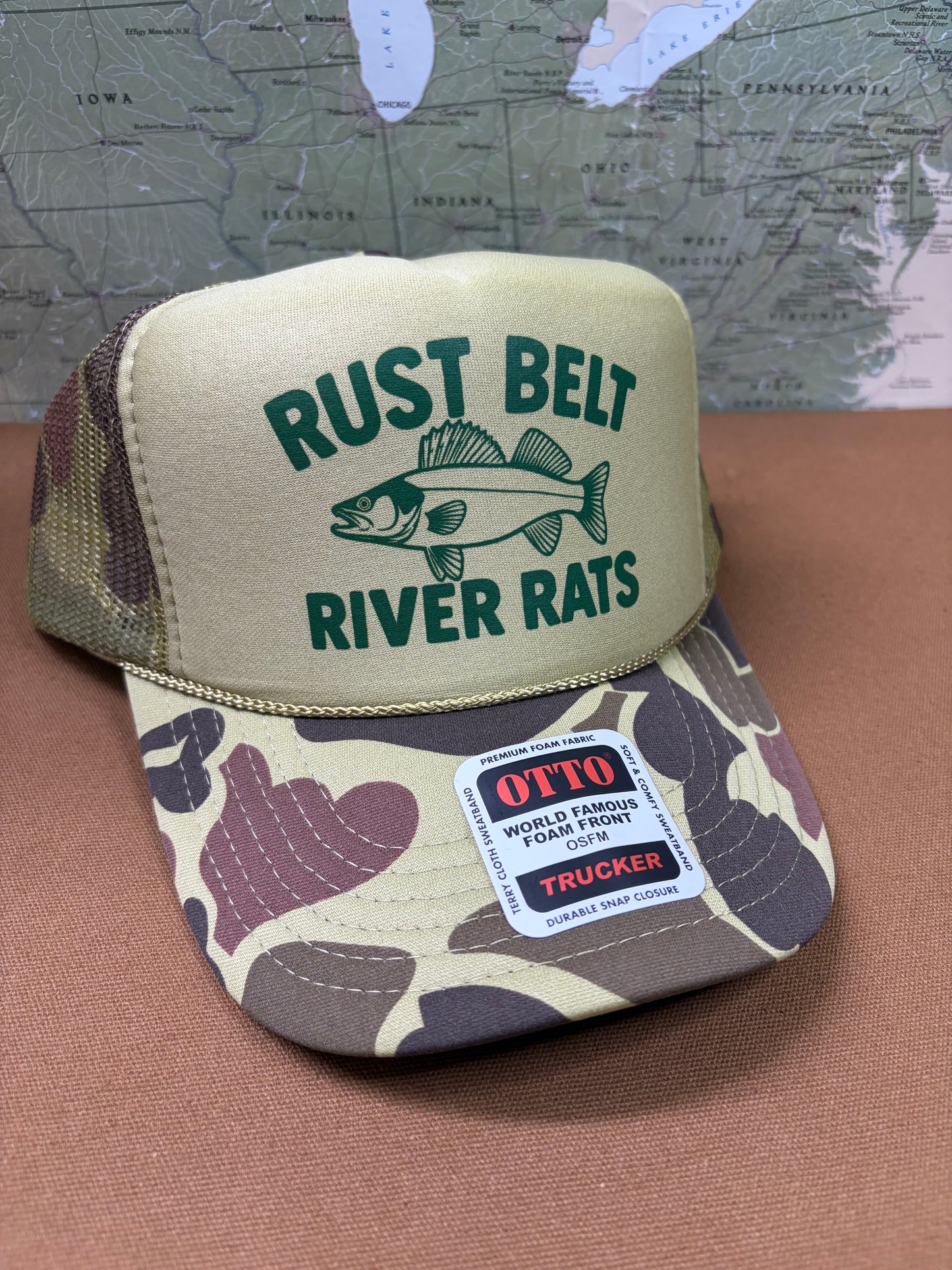 CAMO RIVER RAT TRUCKER HAT Walleye